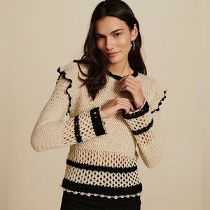 Mango Ruffle Flare Sleeve Sweater Open Knit Cream Black XS Crewneck Pullover